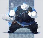  1boy animal_ears artist_logo artist_name bandaid bandaid_on_face bara belly belt black_pants black_vest blue_shirt dated dog_boy dog_ears dog_nose dog_tail english_commentary fat furry furry_male live_a_hero logo looking_at_viewer male_focus multicolored_hair pants plump riisago shirt streaked_hair tail utility_belt vest white_fur yohack 