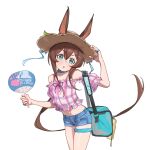  1girl :o amiya_(arknights) animal_ears aqua_eyes arknights bare_shoulders blue_shorts blush brown_hair brown_hat camisole chinese_commentary commentary_request cowboy_shot crop_top denim denim_shorts detached_sleeves ears_through_headwear hair_between_eyes hand_fan hand_fan_writing hat highres holding holding_fan jewelry ki26 long_hair looking_at_viewer midriff multiple_rings navel off_shoulder pink_camisole pink_sleeves plaid_camisole plaid_clothes plaid_sleeves ponytail ring short_shorts short_sleeves shorts sidelocks simple_background solo standing thighlet very_long_hair white_background white_camisole white_sleeves 