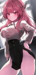  1girl absurdres aru_(blue_archive) black_skirt blue_archive blush breasts brown_horns closed_mouth collared_shirt commentary demon_horns high-waist_skirt highres horns large_breasts long_hair long_sleeves looking_at_viewer pencil_skirt pink_hair poko050498 ribbon shirt skirt solo standing thighs white_shirt 