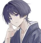  1boy black_hair black_kimono black_sleeves blunt_ends bright_pupils closed_mouth expressionless eyeliner eyeshadow genshin_impact hair_intakes hand_on_own_face hand_up japanese_clothes juban kimono kocokooo looking_at_viewer makeup male_focus portrait purple_eyes red_eyeliner red_eyeshadow scaramouche_(genshin_impact) solo tsurime wanderer_(genshin_impact) white_background white_kimono white_pupils 