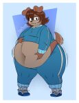 2025 anthro artist_name belly belly_expansion belly_grab big_belly blush bodily_fluids body_inflation border brown_body brown_fur brown_hair butt canid canine canis clenched_teeth clothed clothing domestic_dog expansion exposed_belly flying_sweatdrops freckled_face freckles fur hair hand_on_belly hi_res inflation knock-kneed male mammal moobs motion_lines navel overweight overweight_anthro overweight_male solo standing sweat sweatdrop synthosad teeth text thick_thighs white_border wide_hips worried