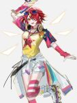  1girl :d absurdres ambience_synesthesia arknights arm_up arm_warmers character_name chinese_commentary clothes_around_waist clothes_writing commentary_request detached_wings exusiai_(arknights) eyewear_on_head grey_background hair_ornament hair_over_one_eye hairclip halo headphones headphones_around_neck highres holding inline_skates jacket jacket_around_waist leg_up looking_at_viewer official_alternate_costume one_eye_covered open_mouth pink_arm_warmers pink_thighhighs red_hair roller_skates shirt short_hair short_sleeves shorts simple_background skates sketch smile solo standing standing_on_one_leg striped_clothes striped_thighhighs thighhighs traditional_halo white_halo white_jacket white_shorts white_thighhighs wings x_hair_ornament yellow_eyes yellow_shirt zhishi_mao_tiao 
