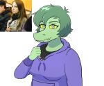 2024 absurd_res anthro baryonyx big_daddy_(artist) cavemanon_studios clothing digital_drawing_(artwork) digital_media_(artwork) dinosaur eyelashes female feral fingers freckled_face freckles green_body green_hair green_scales grey_eyes guts_(iwhtg) hair hi_res hoodie i_wani_hug_that_gator looking_at_viewer mammal murid murine olivia_halford prehistoric_species purple_clothing purple_hoodie purple_topwear rat reptile rodent scales scalie short_hair simple_background snout solo spinosaurid theropod topwear whiskers white_background yellow_sclera