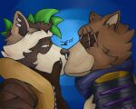 5:4 anthro armor brown_body brown_fur canid canine clothing ear_piercing epic_games facial_piercing fortnite fur green_hair hair hajime_(fortnite) hand_on_chin hi_res jacket kiss_on_lips kissing male male/male mammal mohawk nose_piercing piercing procyonid raccoon raccoon_dog rufus_(fortnite) scar simple_background tanuki topwear welp_can