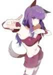  1girl absurdres animal_ears bare_shoulders boots choker closed_mouth collarbone commentary_request cowboy_shot crop_top detached_sleeves frilled_choker frilled_shirt frilled_sleeves frilled_thigh_strap frills fujiwara_zakuro hand_on_own_chest highres light_frown long_hair magical_girl mew_zakuro midriff morgue_(southsakura) navel outstretched_hand pointy_nose puffy_short_sleeves puffy_sleeves purple_eyes purple_hair red_boots red_choker red_shirt red_shorts red_sleeves red_wrist_cuffs ribs shirt short_sleeves shorts sidelocks simple_background skinny solo standing stomach_tattoo strapless strapless_shirt striped_clothes striped_shorts tail tattoo thigh_boots thigh_strap tokyo_mew_mew vertical-striped_clothes vertical-striped_shorts white_background wolf_ears wolf_girl wolf_tail wrist_cuffs 