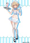  1girl alternate_costume apron ayamal_(mainichi_ryokucha) black_shoes blonde_hair blue_bow blue_bowtie blue_nails blue_skirt blue_wrist_cuffs blush bow bowtie breasts cleavage closed_mouth commentary_request drop_shadow enmaided fingernails flower frilled_apron frilled_hairband frills full_body genshin_impact hair_flower hair_ornament hairband hands_up highres holding holding_tray looking_at_viewer lumine_(genshin_impact) maid maid_headdress medium_breasts nail_polish navel no_panties shoes short_hair_with_long_locks simple_background skirt smile solo standing thighhighs tray waist_apron white_apron white_background white_flower white_hairband white_thighhighs wrist_cuffs yellow_eyes 
