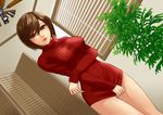  breasts brown_eyes brown_hair dutch_angle hamura_mayu indoors large_breasts lips looking_at_viewer meiko naked_sweater parted_lips ribbed_sweater shirt short_hair solo sweater taut_clothes taut_shirt thigh_gap vocaloid 