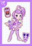  1girl boots border bow brooch cellphone choker clenched_hand cure_sword curly_hair davi_(dokidoki!_precure) deformed determined dokidoki!_precure dot_nose dotted_line dress earrings feather_sleeves full_body furrowed_brow grid_background hair_ornament hair_tie hairclip heart heart_brooch high_heel_boots high_heels high_side_ponytail highres jewelry kenzaki_makoto loose_hair_strand magical_girl medium_hair open_mouth outline petticoat phone ponytail precure purple_arm_warmers purple_background purple_boots purple_border purple_bow purple_choker purple_dress purple_eyes purple_hair short_dress short_ponytail short_sleeves signature smartphone spade_(shape) spade_earrings standing stiletto_heels swept_bangs tareme thigh_boots uwded_207 waist_bow white_background white_outline white_sleeves 