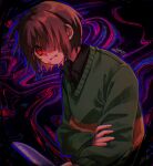  1other absurdres black_shirt brown_hair commentary deltarune green_sweater hair_over_one_eye hand_on_own_arm hashtag-only_commentary highres holding holding_knife knife kris_(deltarune) long_sleeves red_eyes shirt short_hair signature striped_clothes striped_shirt sweat sweater tears twitter_username yoshino_(q_sci) 