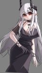  1girl arknights bare_shoulders black_dress black_gloves black_horns breasts cleavage closed_mouth cropped_legs dress expressionless gloves grey_background grey_hair highres horns large_breasts long_hair looking_at_viewer mudrock_(arknights) mudrock_(obsidian)_(arknights) official_alternate_costume pointy_ears red_eyes simple_background single_glove solo standing swvfg 
