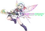  0_gundam absurdres artist_name biometal black_boots black_jacket black_shirt boots commentary commission english_commentary fairy_wings full_body green_eyes grey_hair gundam gundam_00 highres holding holding_staff iikoao jacket mega_man_(series) mega_man_zx original purple_wings shirt short_hair shorts simple_background solo staff v-fin white_background white_shorts white_wings wings yellow_wings 