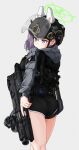  1girl ammunition_pouch animal_ears ass belt belt_pouch black_shorts blue_archive blue_eyes breasts bullpup closed_mouth clov3r commentary_request dolphin_shorts face_shield fake_animal_ears feet_out_of_frame green_halo grey_hoodie gun hair_between_eyes halo helmet highres holding holding_gun holding_weapon hood hood_down hoodie kneepits korean_commentary legs_together load_bearing_vest long_sleeves medium_breasts p90 pantylines pouch purple_hair rabbit_ears revision saki_(blue_archive) short_shorts shorts simple_background solo standing submachine_gun trigger_discipline turning_head utility_belt weapon 