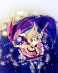  1girl belt black_belt black_collar blonde_hair blush bracelet brown_eyes cape city city_lights cityscape clip_studio_paint_(medium) collar collared_shirt earmuffs floating flower_pin flying gold_trim hair_between_eyes hair_ears haze jewelry light_blush light_particles looking_up makuwauri medium_hair pin purple_cape ribbon-trimmed_skirt ribbon_trim sandals scabbard sheath sheathed shirt skirt smile sun_ornament sword touhou toyosatomimi_no_miko unworn_cape weapon 