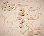2023 ambiguous_gender anthro artist_name blush blush_lines blush_stickers canid canine chinese_zodiac duo english_text female feral holidays jubb jubb_(character) lagomorph leporid mammal neck_tuft new_year new_year_2023 rabbit rabbit_ears simple_background smile tan_background text tuft year_of_the_rabbit