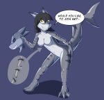 2017 absurd_res anthro biped black_hair breasts clothing colored countershade_face countershade_torso countershading dsaprox english_text featureless_breasts featureless_crotch female fish gills grey_body hair hand_on_butt hand_on_own_butt hi_res implied_transformation latex latex_clothing looking_at_viewer marine mask navel neck_gills non-mammal_breasts nude raised_tail shark sharp_teeth simple_background smile solo speech_bubble standing stripes suit_transformation tail teeth text transformation yellow_eyes zipper