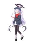  1girl :d alternate_costume alternate_hairstyle black_coat black_hat black_pantyhose black_shoes blue_archive bow cameo carrying casual character_snowman coat commentary_request demon_girl demon_horns demon_wings doodle_sensei_(blue_archive) full_body hair_bow hair_ribbon halo hat highres hina_(blue_archive) horns kneehighs knees_together_feet_apart long_hair long_sleeves looking_at_viewer loose_socks mienpp miniskirt mittens one_side_up open_clothes open_coat pantyhose parted_bangs purple_eyes red_mittens red_scarf ribbon scarf sensei_(blue_archive) shoes sidelocks simple_background skirt smile snowman socks solo standing standing_on_one_leg white_background white_hair white_skirt white_socks wings winter_clothes winter_coat 