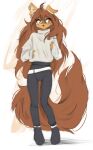 2025 5_fingers anthro apogee_(tinygaypirate) biped bottomwear brown_eyes brown_hair brown_tail canid canine canis clothed clothed_anthro clothed_female clothing digital_media_(artwork) domestic_dog ear_piercing female fingers footwear front_view fully_clothed fully_clothed_anthro fully_clothed_female fur hair hi_res inner_ear_fluff long_hair long_tail looking_aside mammal one_ear_up pants piercing shoes simple_background solo standing sweater tail tan_body tan_fur tinygaypirate topwear tuft white_background
