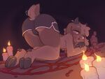 2025 4:3 absurd_res anthro blush bottomwear bovid brown_body brown_fur bulge bulge_from_behind butt candle caprine clothing countershading food fur goat hi_res hooves horn ketchup looking_at_viewer looking_back looking_back_at_viewer male mammal presenting presenting_hindquarters rear_view shorts skellybeanz solo summoning_circle tail tail_motion tailwag