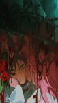  2girls absurdres alien_stage bathtub black_hair blood commentary english_commentary flower hair_flower hair_ornament highres kiss kissing_cheek long_hair mizi_(alien_stage) multiple_girls pink_hair red_flower short_hair speakallpesky strangling sua_(alien_stage) tile_wall tiles 