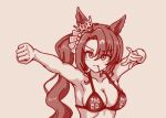  1girl animal_ears bikini breasts brown_theme cleavage clenched_hand closed_mouth commentary_request ear_through_crown high_side_ponytail horse_ears horse_girl large_breasts long_hair lowres monochrome satono_crown_(umamusume) shiodanx simple_background solo swimsuit umamusume upper_body v-shaped_eyebrows 