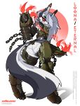 absurd_res alternate_costume angry anthro armor big_butt boots breastplate butt canid canid_demon canine chain clothed clothing codpiece collar cosplay crossover crossover_cosplay cuisse demon doom_(series) doom_slayer ear_piercing energy_claws female footwear fur gauntlets gauntlets_(weapon) gloves greaves grey_body grey_fur hair hair_over_eye handwear hellhound helluva_boss hi_res id_software ishiexe long_hair looking_at_viewer loona_(helluva_boss) mammal microsoft mythological_canine mythological_creature mythology piercing rear_view red_sclera shoes simple_background solo spiked_collar spikes text thick_thighs vambrace white_body white_fur