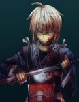  ahoge bad_id bad_pixiv_id belt blood blood_on_face bloody_clothes bloody_hair bloody_weapon choker glasses green_background katana long_sleeves male_focus morichika_rinnosuke pi_kuro pouch rag reverse_grip silver_hair simple_background solo sword touhou weapon wiping yellow_eyes 