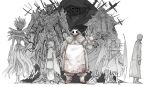  1girl 6+boys apron beard blood blood_on_clothes blot_plot boots butcher cloak commentary_request crossed_arms facial_hair greyscale grin height_difference hood hood_up hooded_cloak hyuba_(kankan33333) jemiru_(kankan33333) kankan33333 karune_(kankan33333) long_hair looking_at_viewer looking_to_the_side mask monochrome monster monster_boy monster_girl multiple_boys original short_hair simple_background sketch skull smile spot_color standing waving white_background 