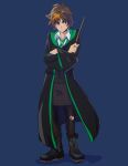  1girl absurdres black_boots black_leggings black_skirt blue_background boots brown_hair collar crossed_arms full_body green_necktie harry_potter:_hogwarts_mystery harry_potter_(series) highres hogwarts_school_uniform holding holding_wand leggings looking_at_viewer merula_snyde mikkusushi multicolored_hair necktie non-web_source orange_hair purple_eyes robe school_uniform simple_background skirt slytherin smirk standing torn_clothes torn_leggings two-tone_hair wand white_collar wizarding_world 