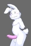  ahoge anthro awkward_smile balls belly blush blush_lines digital_media_(artwork) facial_hair fluffy fluffy_tail genitals hair hands_behind_back humanoid lagomorph leporid looking_at_viewer male mammal monotone_background mustache myuger nude password_(visual_novel) penis pink_penis pixel_(artwork) presenting rabbit shy smile solo tail white_body william_(password) 