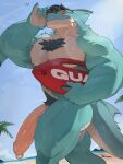 anthro beach day eyewear fangs fish fur genital_piercing genitals hi_res male marine muscular muscular_anthro muscular_male outside penis penis_piercing piercing prince_albert_piercing pubes shark sky sleepymuu solo sunglasses tail teeth wet