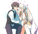  1boy 1girl black_hair blue_eyes blush braid chietori fate/grand_order fate_(series) feeding flower fujimaru_ritsuka_(male) fujimaru_ritsuka_(male)_(anniversary_blonde) hair_between_eyes hair_flower hair_ornament half_up_braid highres long_hair morgan_le_fay_(fate) morgan_le_fay_(water_princess)_(fate) necktie open_mouth ponytail short_hair simple_background suit swimsuit very_long_hair vest white_hair 