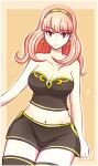  1girl absurdres armor bare_shoulders black_shirt black_shorts black_thighhighs breasts broken_armor celica_(fire_emblem) cleavage collarbone earrings fire_emblem fire_emblem_echoes:_shadows_of_valentia fire_emblem_warriors gold_trim highres jewelry large_breasts long_hair midriff navel official_alternate_costume orange_eyes orange_hair princess raydango red_eyes red_hair shirt shorts strapless strapless_shirt thighhighs tiara 
