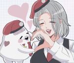  2boys alternate_form androgynous black_vest blush_stickers brain commentary dual_persona getsumen_(pst_moon) grey_hair grid_background half-heart_hands hat heart highres multiple_boys necktie nigou_(hundred_line) open_mouth red_hat red_necktie shirt short_hair symbol-only_commentary teeth the_hundred_line_-last_defense_academy- upper_teeth_only vest white_shirt 