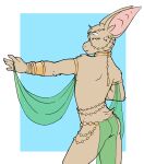 anthro bat bat_ears bat_tail bracelet butt clothing collar desert_bat digital_media_(artwork) fur gold_(metal) gold_jewelry green_eyes harem harem_clothing harem_jewelry harem_outfit hi_res jewelry looking_at_viewer looking_back male mammal membrane_(anatomy) morgdl mostly_nude mostly_nude_anthro mostly_nude_male rear_view sash silk simple_background solo standing tail tan_body tan_fur translucent translucent_clothing tuft turo_of_akesh wingless_bat