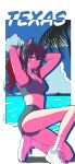  1girl absurdres animal_ears arknights arms_behind_head arms_up black_hair breasts character_name closed_mouth colored_inner_hair commentary_request crop_top drop_shadow full_body grey_shorts grey_sports_bra hair_between_eyes hair_tie hair_tie_in_mouth halftone hands_in_own_hair highres korean_commentary long_hair medium_breasts mouth_hold multicolored_hair on_one_knee red_hair shoes short_shorts shorts sleeveless sneakers solo sports_bra texas_(arknights) tying_hair white_shoes wolf_ears wolf_girl xwing47 yellow_eyes 