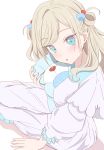  1girl :o absurdres blue_eyes blush ceras_yanagida_lilienfeld cube_hair_ornament grey_hair hair_ornament hair_rings highres holding holding_stuffed_toy link!_like!_love_live! looking_at_viewer love_live! morio_(mmorio_mu) pants parted_lips puffy_short_sleeves puffy_sleeves shell_hair_ornament shirt short_sleeves simple_background solo stuffed_animal stuffed_toy teddy_bear two_side_up virtual_youtuber white_background white_pants white_shirt 