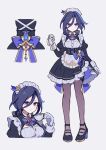  1girl absurdres alternate_costume apron black_dress black_shoes blue_bow blue_hair bow clorinde_(genshin_impact) commentary corset dress enmaided genshin_impact gloves high_heels highres juliet_sleeves long_sleeves looking_at_viewer maid maid_headdress multicolored_hair multiple_views pantyhose puffy_sleeves purple_eyes purple_hair shoes short_hair sikaku streaked_hair waist_apron white_apron white_gloves 