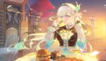  1girl 479993660 absurdres aqua_hair black_bow black_hairband black_jacket blue_dress blue_eyes blue_sky bow breasts burger cafe cake cake_slice chair chinese_commentary commentary_request cup curtains door dress drink drinking_glass evening firefly_(honkai:_star_rail) floating_hair food gradient_hair gradient_sky hair_bow hair_ornament hairband hands_up highres holding holding_spoon honkai:_star_rail honkai_(series) innertube jacket leaf_hair_ornament lighthouse long_hair long_sleeves looking_at_viewer medium_breasts multicolored_eyes multicolored_hair neckerchief ocean open_mouth outdoors pepperoni petals pizza plate puffy_long_sleeves puffy_sleeves purple_eyes sailor_collar sitting sky solo sparkle spoon stairs sunset swim_ring table tablecloth two-tone_dress white_dress white_hair yellow_neckerchief yellow_sky 