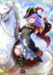  1girl blue_sky boots cloud commentary_request confetti copyright_name day epaulettes hat highres long_hair looking_at_viewer mafupen official_art one_eye_closed open_mouth petals purple_hair red_eyes renjakuno_hatsumi sky smile solo sparkle thighhighs world_dai_star 