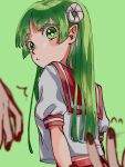  1girl babyls_school_uniform black_nails blush curled_horns green_background green_eyes green_hair highres horns kr27 long_hair looking_at_viewer mairimashita!_iruma-kun parted_bangs pointy_ears school_uniform serafuku short_sleeves standing valac_clara 