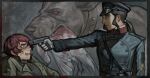  absurdres animal_collar belt bird black_eyes blood blood_on_face bloody_wings broken_neck brown_hair collar creature_and_personification dead_animal dog_request dove expressionless gloves gun gun_to_head handgun hat highres jewelry leaning_back looking_at_another low_ponytail military_hat military_uniform multiple_views narrowed_eyes original pendant personification ponytail red_eyes short_hair sidelocks silverheather symbolism weapon white_gloves wide-eyed wings 