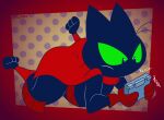 2025 anthro artist_name belt black_body black_ears black_eyes black_fur cape cartoon_network clothing digital_media_(artwork) domestic_cat felid feline felis fur gaming gavanzude gloves green_sclera handwear hi_res holding_object legwear looking_at_object lying male mammal mao_mao:_heroes_of_pure_heart on_front playing_video_game red_belt red_cape red_clothing red_gloves red_handwear red_legwear sheriff_mao_mao_mao solo tailless text three-quarter_view