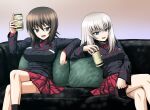  1girl 2girls absurdres alcohol beer beer_can birthday black_jacket blue_eyes breast_pocket breasts brown_eyes brown_hair can couch cross crossed_legs dated drink_can english_text garrison_cap girls_und_panzer grey_hair hat highres holding holding_can holding_unworn_clothes holding_unworn_hat iron_cross itsumi_erika jacket kamishima_kanon kuromorimine_military_uniform large_breasts long_hair long_sleeves looking_at_viewer lower_teeth_only military military_uniform multiple_girls nishizumi_maho open_mouth pleated_skirt pocket red_shirt red_skirt shirt short_hair skirt solo teeth unworn_hat unworn_headwear 