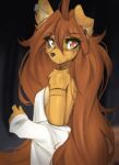 2025 anthro apogee_(tinygaypirate) arm_tattoo breasts brown_eyes brown_hair canid canine canis clothed clothed_anthro clothed_female clothing countershade_torso countershading digital_media_(artwork) domestic_dog ear_piercing female fingers fur gauged_ear hair hi_res inner_ear_fluff long_hair mammal neck_tattoo piercing side_boob small_breasts solo tan_body tan_fur tattoo tinygaypirate topwear tuft