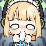  1girl animal_ear_headphones animal_ears animated animated_gif apron aqua_bow aqua_bowtie black_dress blonde_hair blue_archive blunt_bangs blunt_ends blush blush_stickers bow bowtie cat_ear_headphones cat_ears chibi chunye_haruya commission disembodied_hand dress fake_animal_ears green_halo halo headphones holding looking_at_viewer lowres maid maid_apron maid_headdress midori_(blue_archive) midori_(maid)_(blue_archive) missing_commentary official_alternate_costume official_alternate_hairstyle ponytail pulling second-party_source short_hair sidelocks solo tearing_up upper_body v-shaped_eyebrows wavy_mouth white_apron white_headdress wide_oval_eyes 
