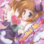  1girl 2000s_(style) album_cover album_name bare_shoulders black_bow black_ribbon blue_eyes blush bow breasts brown_hair cleavage copyright_name cover dress feathers frills grey_bow hair_ornament hat hat_bow heart highres long_hair mini_hat mini_top_hat moekibara_fumitake original plaid_bow purple_dress ribbon top_hat white_feathers winged_heart wrist_cuffs x_hair_ornament 