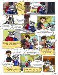 ailurid anthro art_(pandapaco) bottomwear cheek_tuft clothed clothing comic detailed_background dialogue dipstick_tail duo english_text eyewear facial_tuft feet_together footwear fully_clothed gloves_(marking) hi_res male mammal markings note pandapaco procyonid raccoon shoes speech_bubble tail tail_markings text tuft