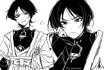  1boy anemo_symbol_(genshin_impact) armor arms_at_sides bags_under_eyes belt blunt_ends bodysuit bow bridal_gauntlets cape closed_mouth feathers frown furrowed_brow gem genshin_impact greyscale hand_on_own_face highres japanese_armor japanese_clothes juban kimono kote looking_at_viewer male_focus mandarin_collar middle_ring monchizu monochrome multiple_views open_clothes open_kimono open_mouth parted_bangs pom_pom_(clothes) puff_of_air rope sash scaramouche_(genshin_impact) short_sleeves shoulder_peek sketch sweatdrop tsurime twitter_username upper_body wanderer_(genshin_impact) wispy_bangs 