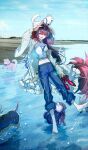  1girl :d animal_ears animal_on_head arm_at_side arm_up barefoot beach blue_pants blue_sky breasts commentary_request corset crop_top daikaku_(fate) day denim dog dog_ears endo_(takolegs) fake_animal_ears fate/grand_order fate_(series) floating_hair flower full_body game_cg hair_flower hair_intakes hair_ornament halterneck holding holding_shoes holding_unworn_clothes jeans keno_(fate) kobungo_(fate) kyokutei_bakin_(fate) long_hair long_sleeves looking_at_viewer low-tied_long_hair midriff multiple_dogs navel official_alternate_costume official_art on_head open_mouth outdoors pants pants_rolled_up photo_background red_nails red_sandals sandals shading_eyes shinbei_(dog)_(fate) shirt shoes sky sleeveless sleeveless_shirt smile solo sousuke_(fate) splashing standing standing_on_one_leg third-party_source toenails toes unworn_shoes very_long_hair wading 