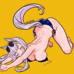  1girl alternate_costume animal_ears artist_name barefoot bikini black_bikini blush breasts cleavage english_commentary eyewear_on_head facing_viewer gold_ship_(umamusume) grey_hair grin highres horse_ears horse_girl horse_tail large_breasts long_hair outstretched_arms papacat side-tie_bikini_bottom smile solo sunglasses swimsuit tail toes top-down_bottom-up umamusume undone_bikini yellow_background 